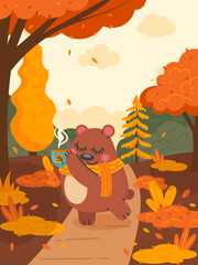 autumn composition, a bear in a scarf with a mug of warm drink stands in the forest on a path, red and orange trees