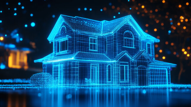 A holographic projection of a house for real estate sale, created with glowing particles and a flickering energy flux. The house appears as a 3D hologram, its structure formed by dynamic, floating par