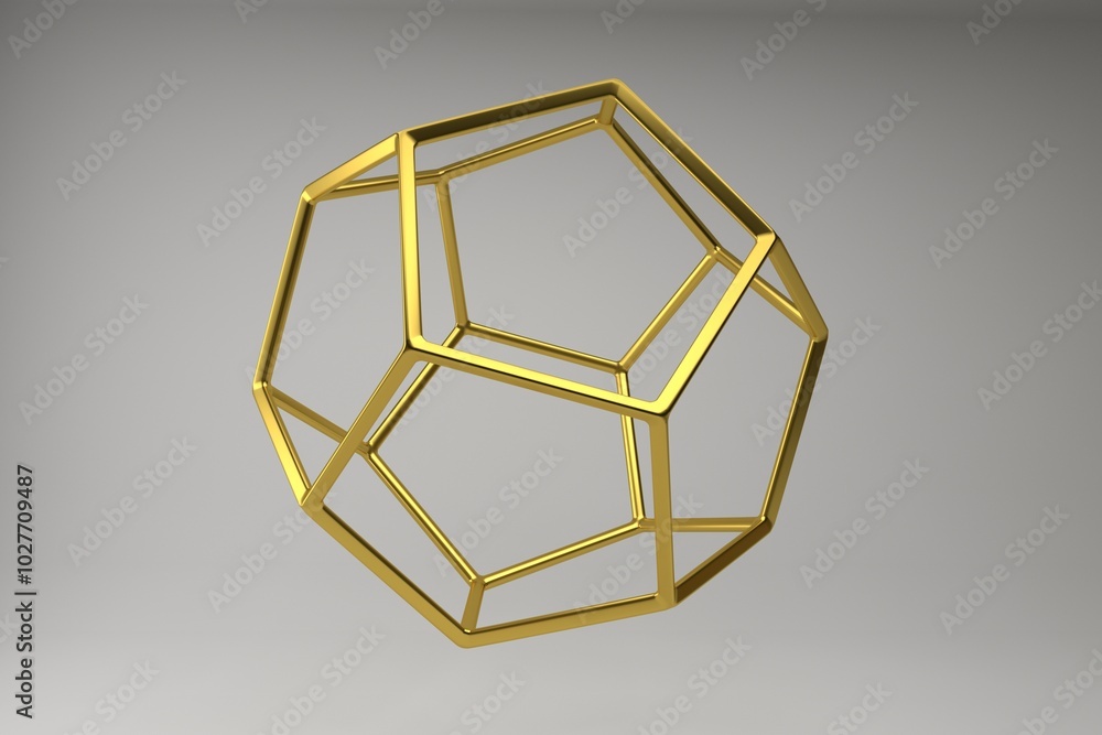 Poster realistic 3d rendering of golden dodecahedron. modern background with geometric shape of platonic so