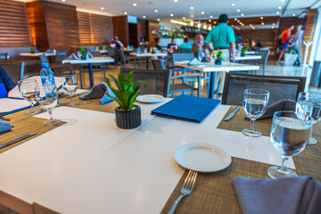 Modern restaurant table setting with glasses, plates, cutlery and small plant centerpiece. Mexico. 