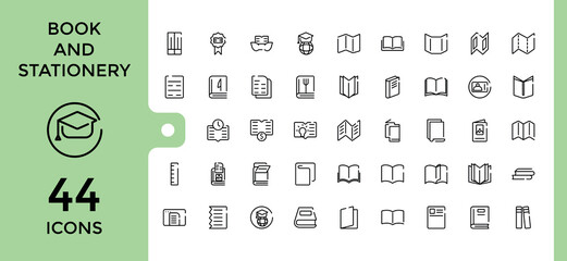 book and stationery icons set. Related to reading, library, ebook, notebook, magazine, guides. Editable stroke. pixel perfect. Vector illustration.