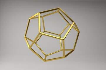 Realistic 3d rendering of golden dodecahedron. Modern background with geometric shape of Platonic solids. Geometric elements isolated on background with metallic color gradient..