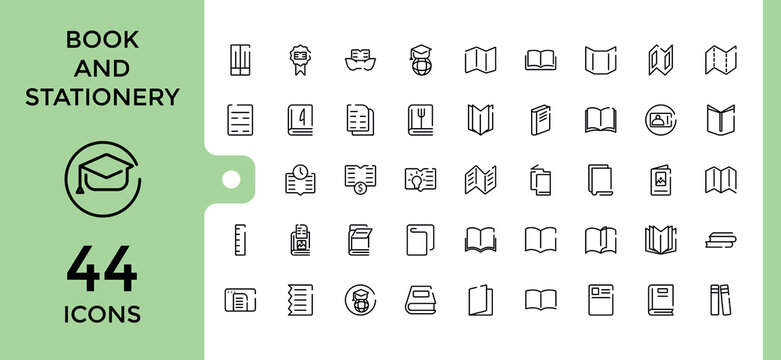 book and stationery icons set. Related to reading, library, ebook, notebook, magazine, guides. Editable stroke. pixel perfect. Vector illustration.