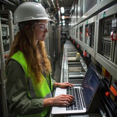 a woman in a hard hat and safety vest working on a laptop
