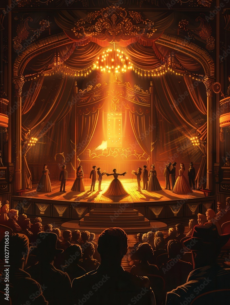 Poster a dynamic performance unfolds on stage with actors in elaborate costumes, delighting an enthusiastic