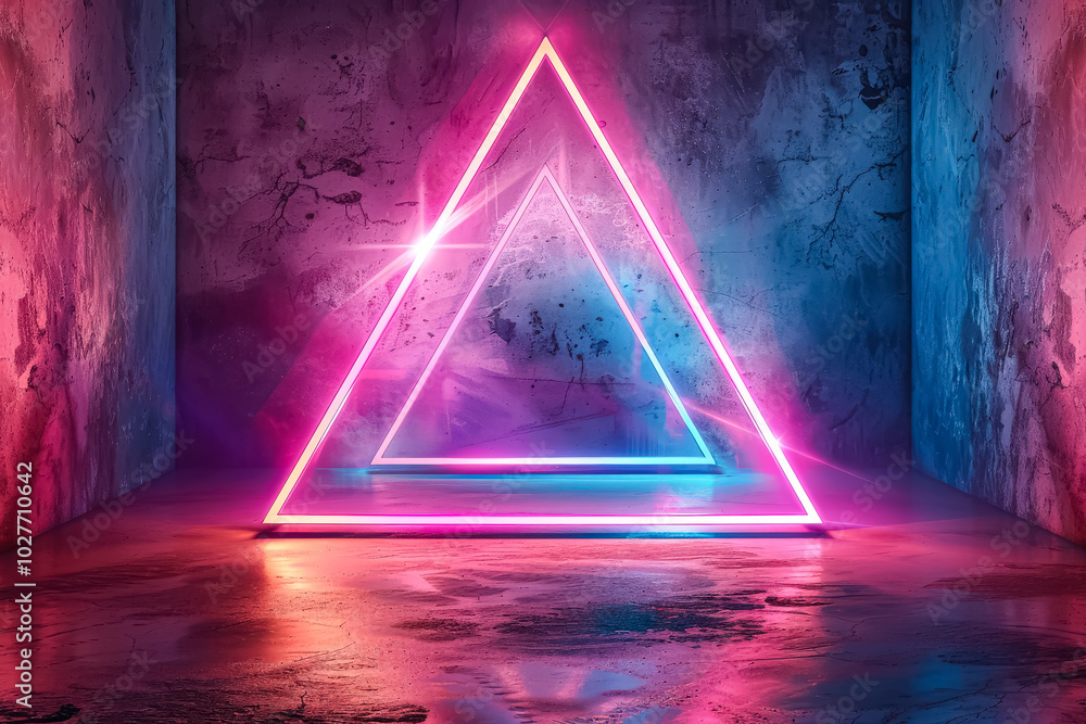 Poster neon pink and blue triangle is lit up in a dark room. the room is empty and the triangle is the only