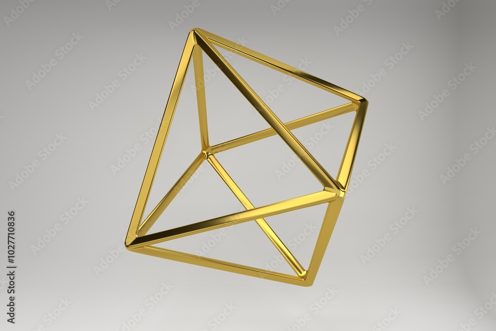 Poster Realistic 3d rendering of golden octahedron. Modern background with geometric shape of Platonic solids. Geometric elements isolated on background with metallic color gradient..