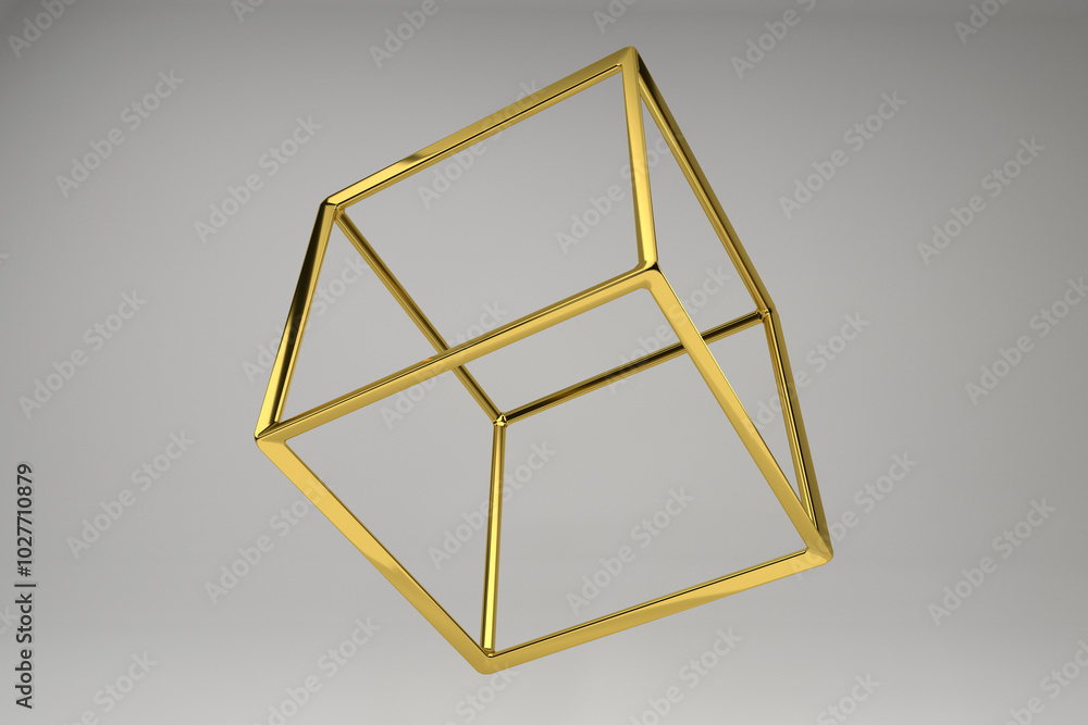 Poster realistic 3d rendering of golden hexagon, cube. modern background with geometric shape of platonic s
