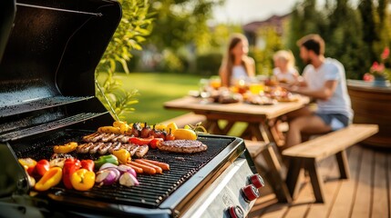 Family Enjoying Barbecue in Sunny Outdoor Scene