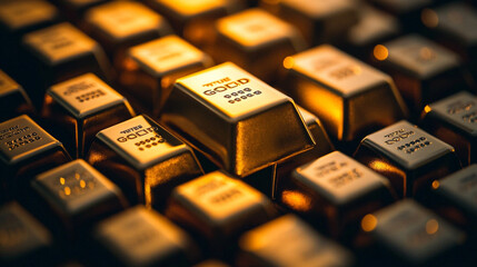 pure gold bars arranged neatly, symbolizing wealth, success, and financial stability. Represents luxury, prosperity, investment, and the allure of tangible assets