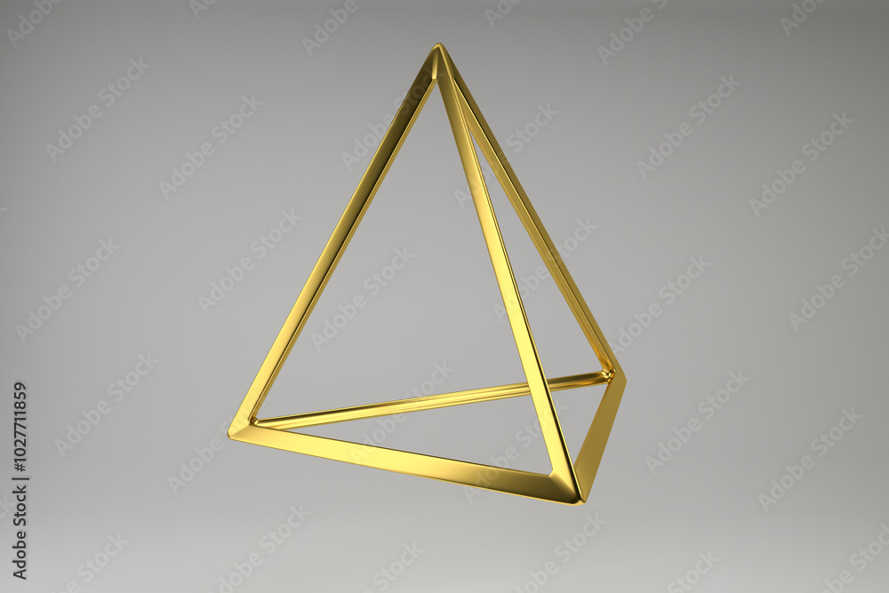 Poster realistic 3d rendering of golden tetrahedron. modern background with geometric shape of platonic sol