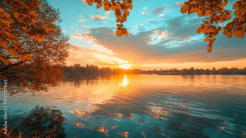 Poster a stunning autumn sunset illuminates the sky with vibrant colors, creating beautiful reflections in 