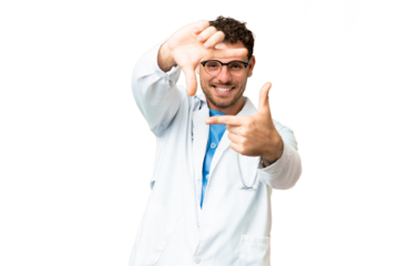 Brazilian doctor man over isolated chroma key background focusing face. Framing symbol
