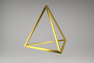 Realistic 3d rendering of golden tetrahedron. Modern background with geometric shape of Platonic solids. Geometric elements isolated on background with metallic color gradient..