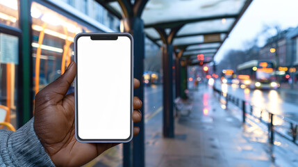 Mock up of a smartphone concept. Person's hand holding mobile phone with white empty screen in front of blurry bus stop entering station platform with train on background