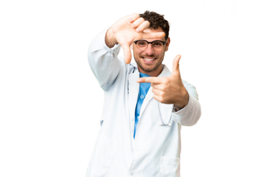 Brazilian doctor man over isolated chroma key background focusing face. Framing symbol - Powered by Adobe