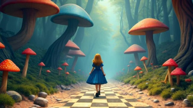 Alice in Wonderland. A young girl in a blue dress walks down a stone path lined with giant, colorful mushrooms in a misty forest. 