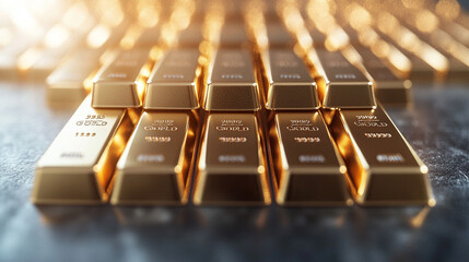 pure gold bars arranged neatly, symbolizing wealth, success, and financial stability. Represents luxury, prosperity, investment, and the allure of tangible assets