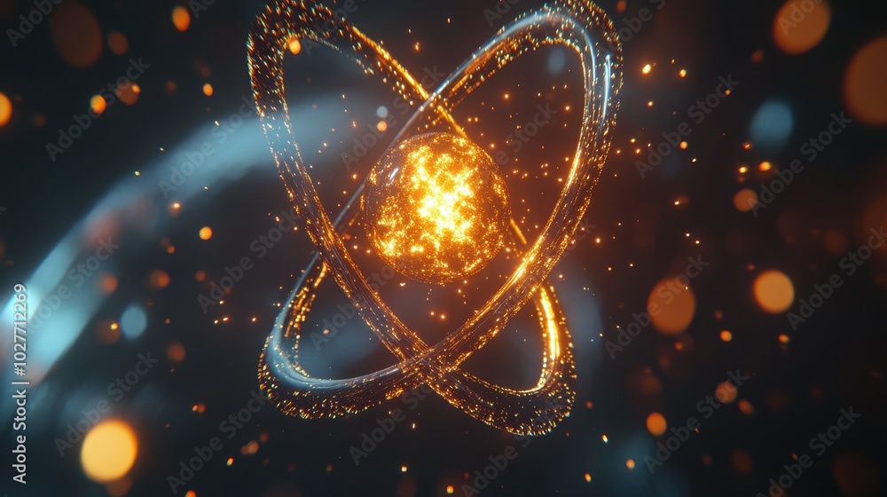 Poster glowing electrons orbiting an atom in 3d visualization