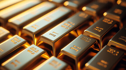 pure gold bars arranged neatly, symbolizing wealth, success, and financial stability. Represents luxury, prosperity, investment, and the allure of tangible assets