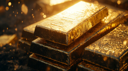pure gold bars arranged neatly, symbolizing wealth, success, and financial stability. Represents luxury, prosperity, investment, and the allure of tangible assets