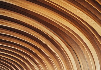 Abstract curved wooden ceiling with a warm natural texture and a minimalist design.