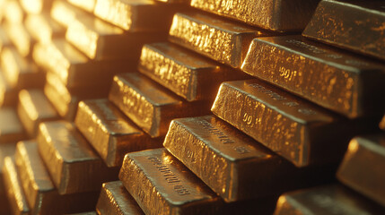 pure gold bars arranged neatly, symbolizing wealth, success, and financial stability. Represents luxury, prosperity, investment, and the allure of tangible assets