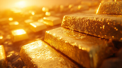 pure gold bars arranged neatly, symbolizing wealth, success, and financial stability. Represents luxury, prosperity, investment, and the allure of tangible assets