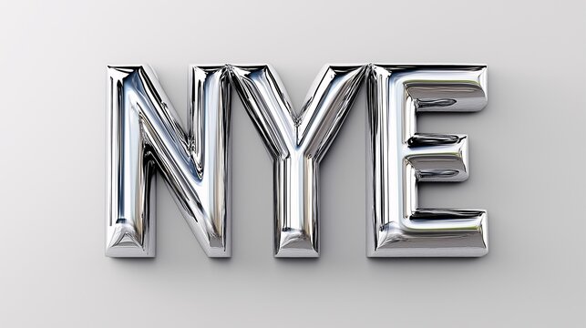 Silver Letter Balloons Spelling "NYE" Isolated on White Background, Shiny New Year's Eve Typography.