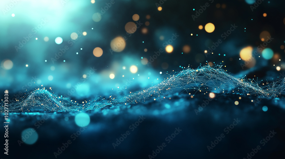 Poster abstract tech background in the form of blue waves, consisting of a large number of digital connecti