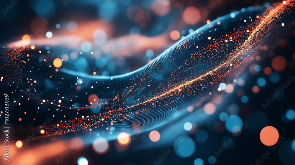 Poster abstract tech background in the form of blue waves, consisting of a large number of digital connecti