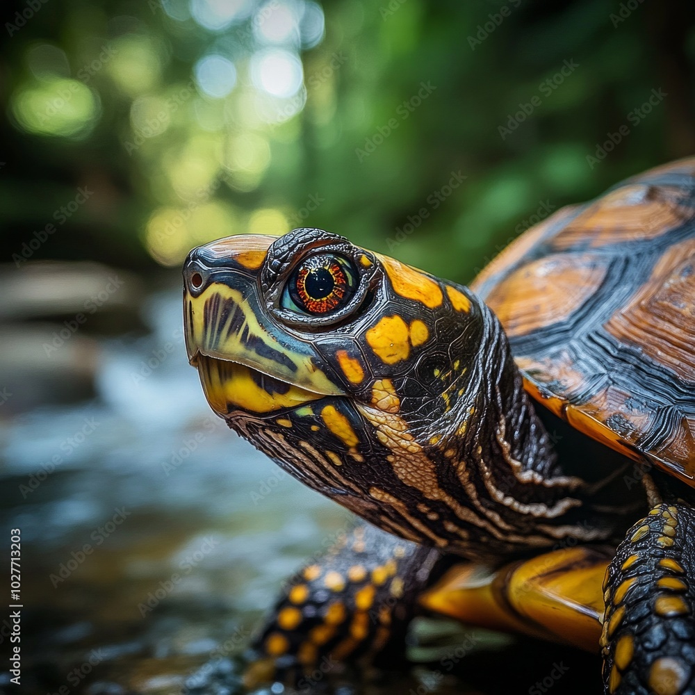 Poster a colorful turtle brings life to a serene stream. this close-up showcases the intricate patterns on 