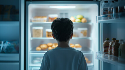View from inside a fridge as a child searches for midnight snacks photo