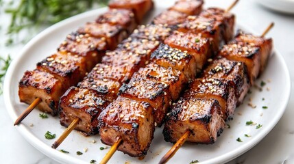 Grilled Skewers with Glazed Marinade and Sesame Topping