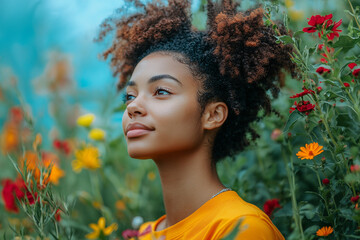Naklejka premium Young woman admires flowers in a vibrant garden on a sunny afternoon