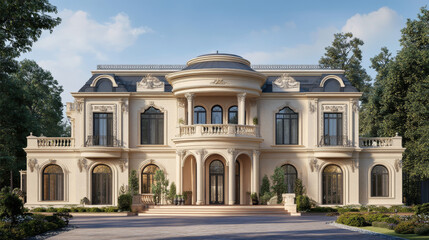 Fototapeta premium A 3D visualization of a modern private house by the lake, featuring a cozy design with large windows that offer stunning views of the water. The setting emphasizes a harmonious blend of architecture a