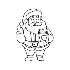 Cute Santa Claus with coffee in his hand in doodle style.