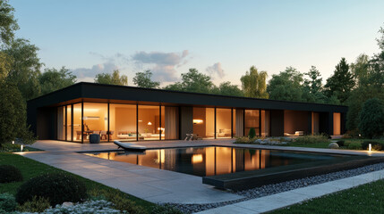 Obraz premium A 3D visualization of a modern private house by the lake, featuring a cozy design with large windows that offer stunning views of the water. The setting emphasizes a harmonious blend of architecture a