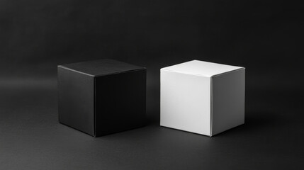 Create a mockup featuring two boxes, one black and one white, displayed against a black background. The design should focus on minimalistic aesthetics, with the contrasting colors of the boxes standin