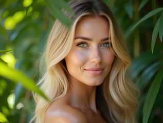 Fototapeta premium Portrait of a blonde with natural beauty among the leaves of tropical trees. Spa and pleasure, skin care banner ad for green leaf cosmetic products with attractive female smile in nature advertising.
