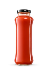 Tomato juice in a transparent glass jar with black twist-off lid isolated. Transparent PNG image.