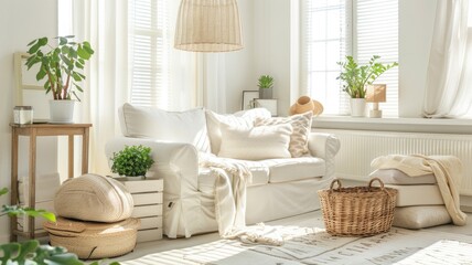 Cozy minimalist living room with natural light and neutral decor elements