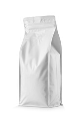 Blank white aluminum foil pouch bag with one-way air valve for coffee packaging isolated....