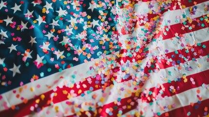 Fototapeta premium American flag draped with colorful confetti celebrating Independence Day