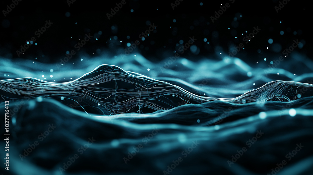 Poster abstract tech background in the form of blue waves, consisting of a large number of digital connecti