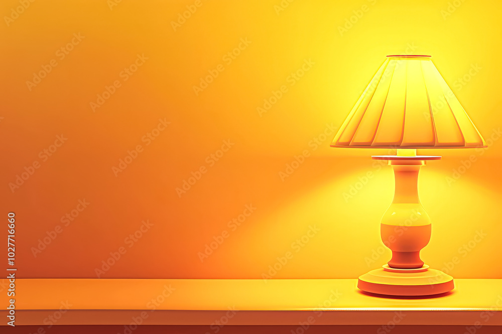 Aufkleber lamp is lit up on a table in front of a yellow wall. the light from the lamp casts a warm glow on th