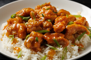 Chinese orange chicken with rice and green onion garnish