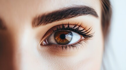 Obraz premium Close-up of a woman's eye with long eyelashes and brown iris.