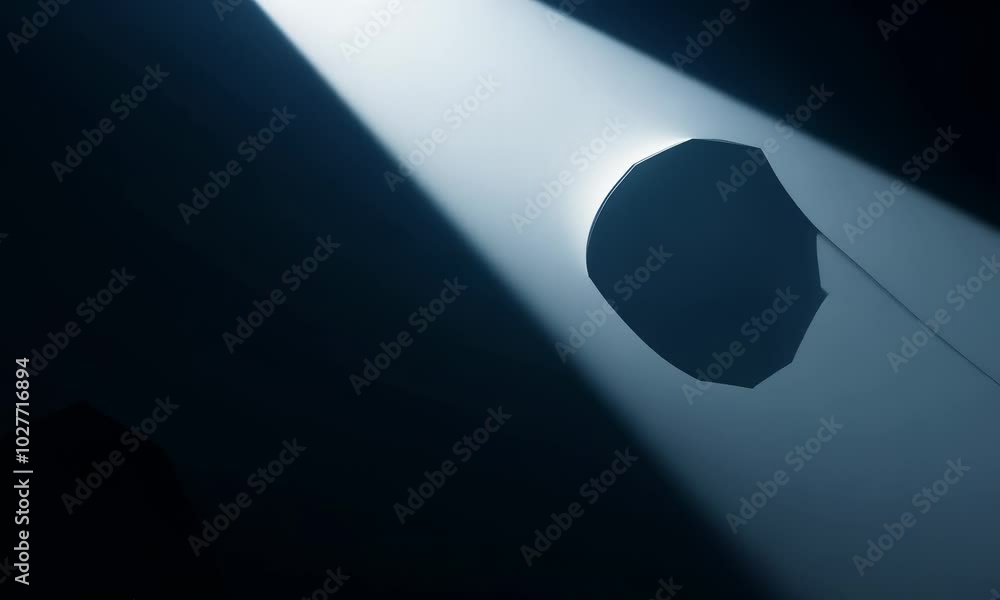 Poster a single spotlight shines on a large dark abstract shape in a shadowy void.