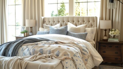 Serene bedroom interior with cozy pillows and springtime decor by sunlit window
